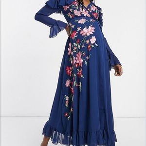 ASOS DESIGN Maternity embroidered wrap maxi dress with peplum hem